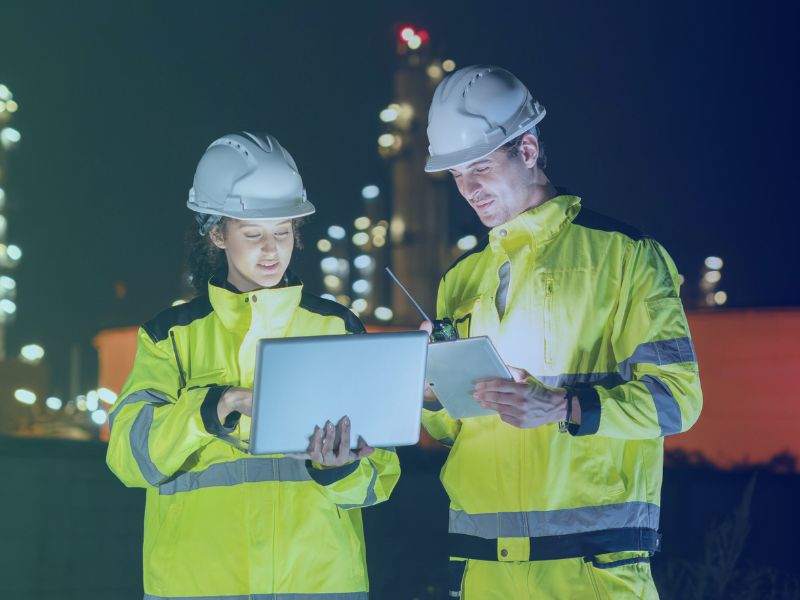 Two industrial workers in safety gear reviewing information on a laptop at a nighttime worksite.