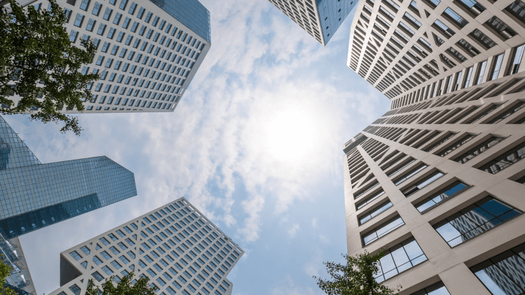 Looking up view at buildings