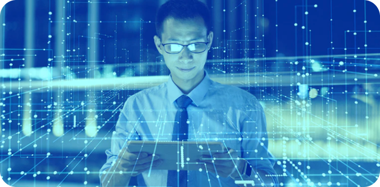 A man with glasses using a tablet, surrounded by a blue digital grid overlay.